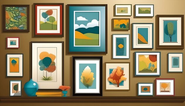 A room filled with images. Vector-based artwork.