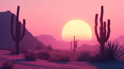 Foto op Canvas Stylized desert landscape with cacti and mountains at sunset, serene nature scene illustration © Benixs