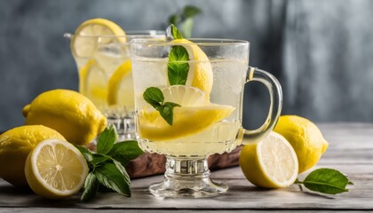 A glass of lemonade with lemon slices and mint