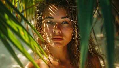 Fototapeta premium Portrait of a female model in a tropical setting. Hispanic latin with freckles. Personality testimonial. Model for product campaign or marketing campaign.