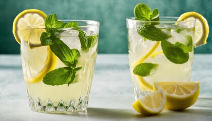 Two glasses of lemonade with lemon slices and mint