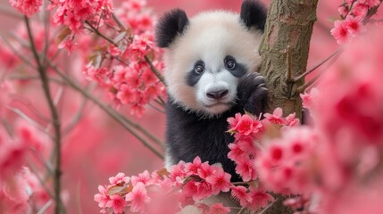 a panda bear sitting on top of a tree next to a bunch of pink flowers and looking at the camera.