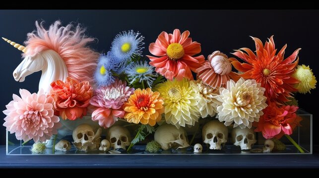 a bunch of fake flowers in a vase with a unicorn's head in the middle of the vase and skulls in the middle of the vase.