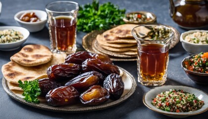 A table full of food including dates, pita bread, and sauce