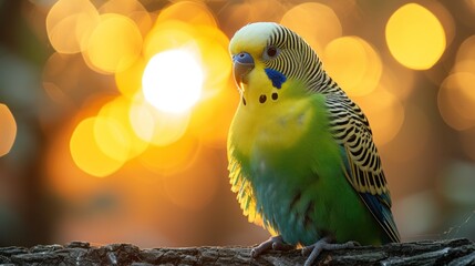 a green and yellow parakeet sitting on a branch in front of a bright yellow boke of lights.