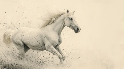 a black and white photo of a white horse running in the air with dust coming off of it's back legs.