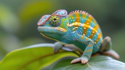 a colorful chamelon sitting on top of a green leaf covered in yellow and blue stripes on it's head.