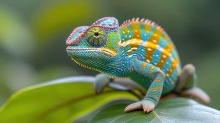 Foto op Canvas a colorful chamelon sitting on top of a green leaf covered in yellow and blue stripes on it's head. © Jevjenijs
