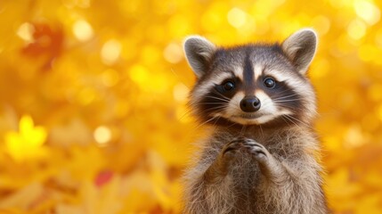 a raccoon standing on its hind legs in front of a yellow boke of leaves with its paws in the air.