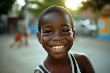 portrait of a smiling black boy outdoors on a playground happy child wearing tank top intense look closeup shot of a young afro american sunlight laughing happiness cheerful joyful