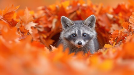 Obraz premium a close up of a raccoon in a pile of leaves with a blue eyed look on its face.