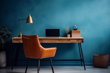 home office with table blue wall wooden desk leather armchair lamp plants, open laptop, and design objects, modern comfortable design vivid teleworking set with pop inspiration candy colors home