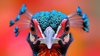 a close up of a colorful bird's head with a red, white, and blue pattern on it.