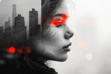 Double Exposure, Woman and the city. Portrait, Closeup. Surreal Abstract Double Exposure Photo. Copyspace.