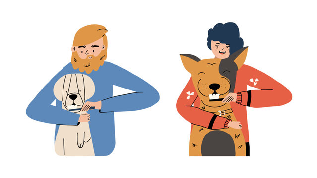 Owners brushes his dog's teeth. Pet oral hygiene. Vector illustration in hand draw style