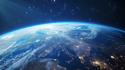 Stunning view of earth from space at night, illuminated continents under twilight sky. ideal for backgrounds and wallpapers. AI