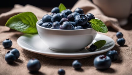 A white bowl filled with blueberries and a leaf