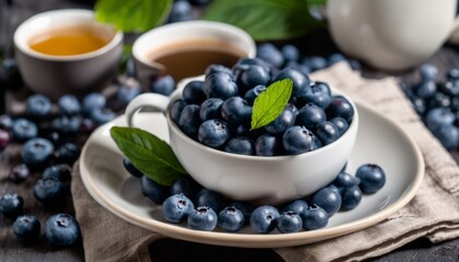 A cup of blueberries with a green leaf on top