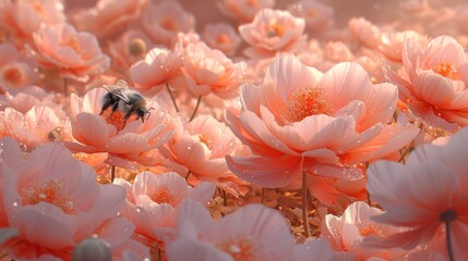 a large field of pink flowers with a bee in the middle of the middle of one of the blooming flowers.