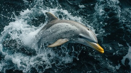a dolphin jumping out of the water with it's mouth open and it's head sticking out of the water.