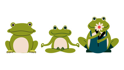 Garden frogs ceramic figurines set. Cute characters toys for the home. Vector illustration in flat style.
