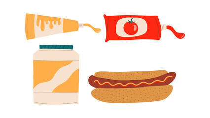 Tomato sauce, mustard, mayonnaise and hot dog. Vector illustration in flat style
