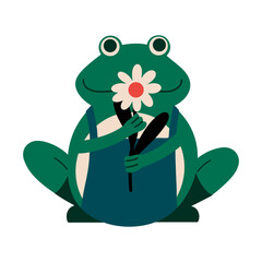 Cute frog with a flower in its paws. Garden ceramic modern figurine. Vector illustration in flat style.