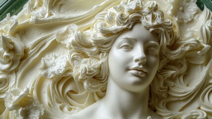 a close up of a white sculpture of a woman's head with white flowers on it's hair.