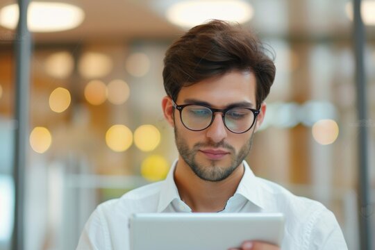 young business man with glasses using tablet at office --ar 3:2 --style raw --v 6 Job ID: 5ddd2d90-a9cc-42ee-8db5-8d97f01c152c