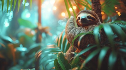 a brown and white sloth hanging from a tree in a forest of green plants and trees with lights in the background. - obrazy, fototapety, plakaty