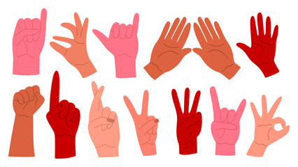 Set of the different gestures. Hands in variety poses. Female and male hands. Fingers crossed, index finger up, open palms, fist.