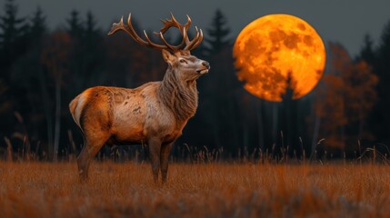 a deer is standing in a field with a full moon in the background and trees and grass in the foreground.