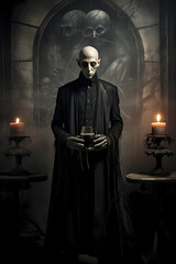 Vampire holding a glass of blood standing in a candlelit lair