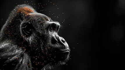 a close up of a monkey's face with orange speckles on it's back and a black background.
