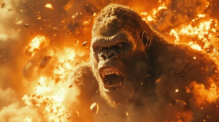 a close up of a gorilla in front of a bunch of fire with its mouth open and it's mouth wide open.