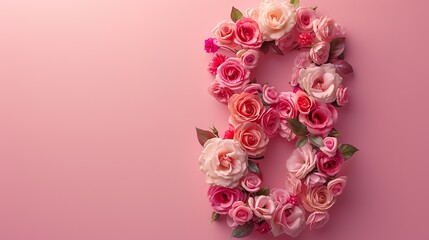 Number 8 made of beautiful rose flowers on color background