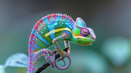 a close up of a colorful chamelon on a branch with a blurry back ground in the background.
