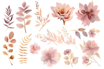 Design elements dusty pink and gold flowers, leaves, eucalyptus, branches Watercolor set - obrazy, fototapety, plakaty