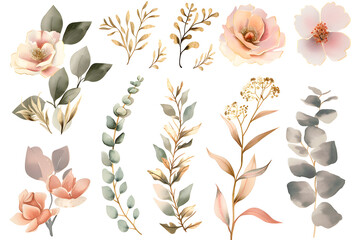 Design elements dusty pink and gold flowers, leaves, eucalyptus, branches Watercolor set