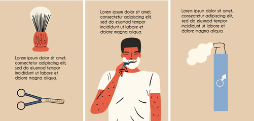 Set of templates about men's shaving. Vector illustration in hand drawn style