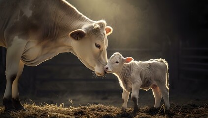 Tender moment between a mother cow and her calf in golden light. farm animals showcasing maternal affection. perfect for agriculture and family themes. AI