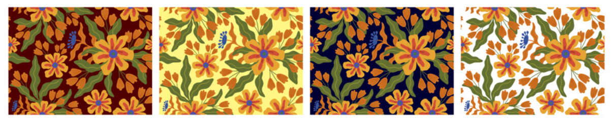 Gorgeous set of floral seamless patterns. Beautiful collection of prints with bright flowers, leaves, flower bouquets, floral arrangements. Covers for laptops, wallpaper, scrapbooking, packaging.