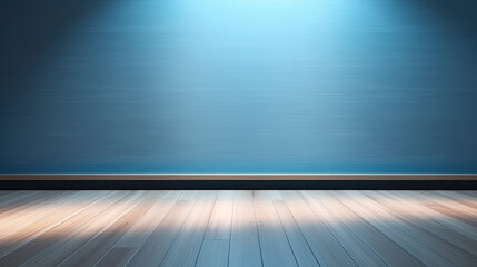 Blue background, wooden floor, empty room.
