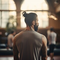 view from behind of a Tenacious Athlete Training Alone in a Well-Organized Gym with Ambient Lighting During a Late-Night Workout