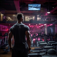 Fototapeta na wymiar view from behind of a Tenacious Athlete Training Alone in a Well-Organized Gym with Ambient Lighting During a Late-Night Workout