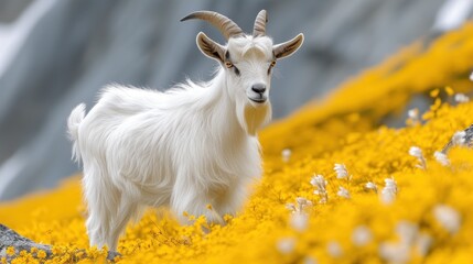 a goat with long horns standing in a field of yellow flowers in front of a rock and a mountain in the background.