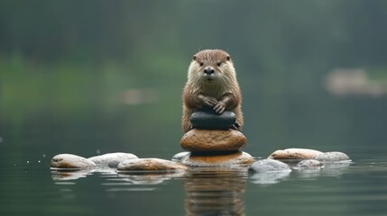 a brown and white animal sitting on top of a pile of rocks in the middle of a body of water.