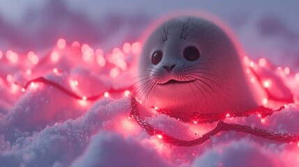 a picture of a seal in the snow with a string of lights around it's neck and a seal in the foreground.