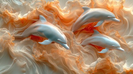 a couple of white dolphins floating on top of a wave of orange and white paint on a white and orange background.