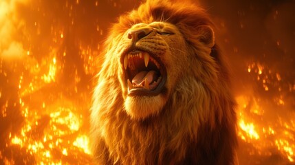 a lion with its mouth open and it's mouth wide open with it's mouth wide open in front of a blazing background.